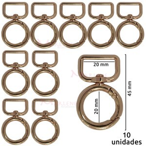 Mosquetão com argola articulada 20mm ouro com 10 unidades